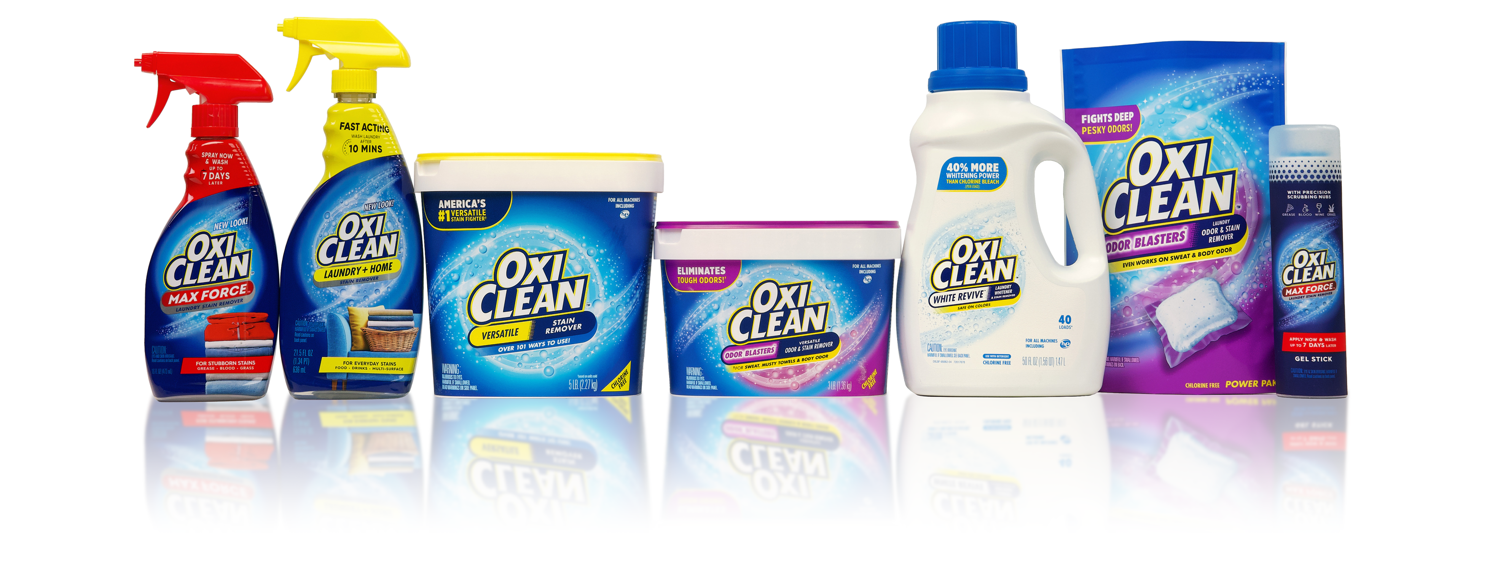 Lineup of OxiClean sprays, powders, and liquids.